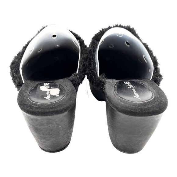 American Eagle Sz 10M Black Faux Suede Fur Trim Wedge Heel Clogs Slip On Shoes - Picture 3 of 9